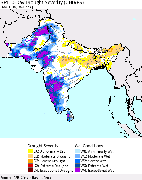 Southern Asia SPI 10-Day Drought Severity (CHIRPS) Thematic Map For 11/1/2023 - 11/10/2023