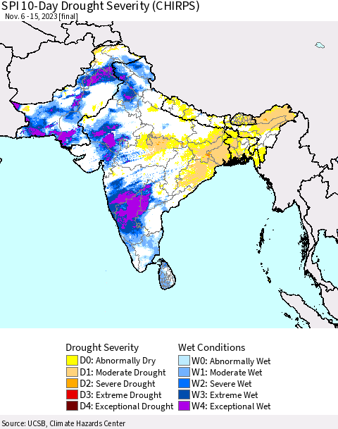 Southern Asia SPI 10-Day Drought Severity (CHIRPS) Thematic Map For 11/6/2023 - 11/15/2023