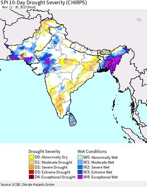 Southern Asia SPI 10-Day Drought Severity (CHIRPS) Thematic Map For 11/11/2023 - 11/20/2023
