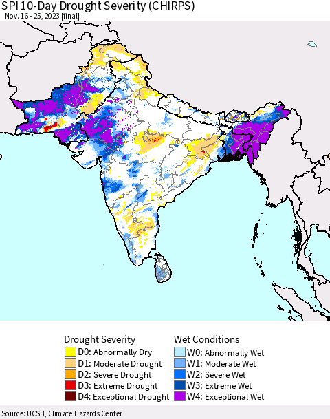 Southern Asia SPI 10-Day Drought Severity (CHIRPS) Thematic Map For 11/16/2023 - 11/25/2023
