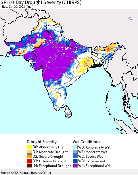 Southern Asia SPI 10-Day Drought Severity (CHIRPS) Thematic Map For 11/21/2023 - 11/30/2023