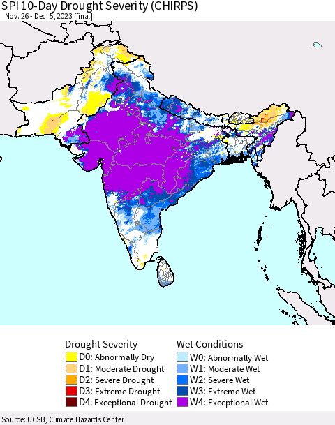 Southern Asia SPI 10-Day Drought Severity (CHIRPS) Thematic Map For 11/26/2023 - 12/5/2023