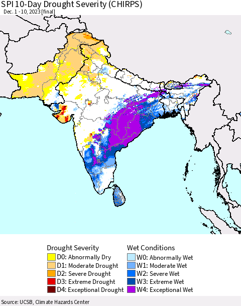 Southern Asia SPI 10-Day Drought Severity (CHIRPS) Thematic Map For 12/1/2023 - 12/10/2023
