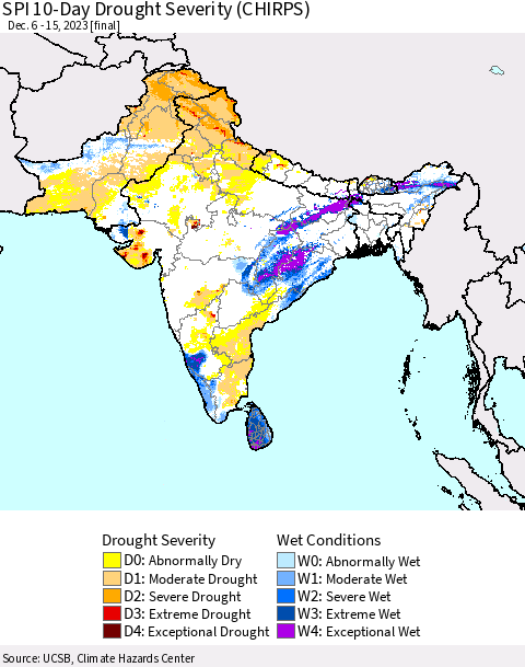 Southern Asia SPI 10-Day Drought Severity (CHIRPS) Thematic Map For 12/6/2023 - 12/15/2023