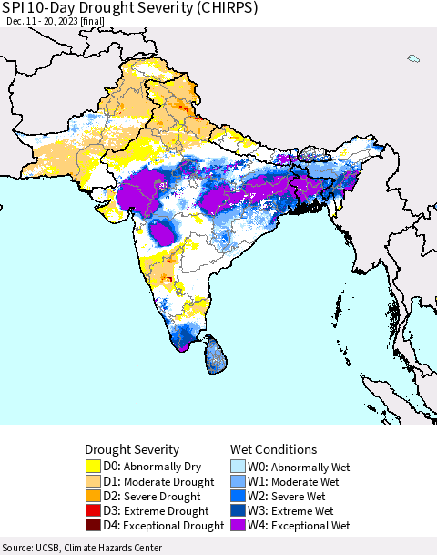 Southern Asia SPI 10-Day Drought Severity (CHIRPS) Thematic Map For 12/11/2023 - 12/20/2023