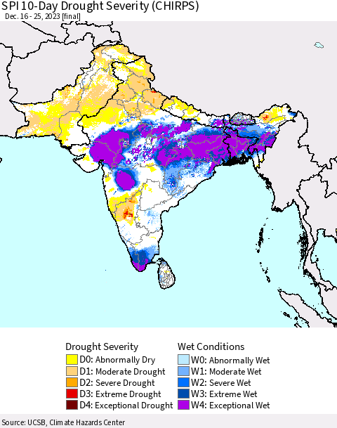 Southern Asia SPI 10-Day Drought Severity (CHIRPS) Thematic Map For 12/16/2023 - 12/25/2023