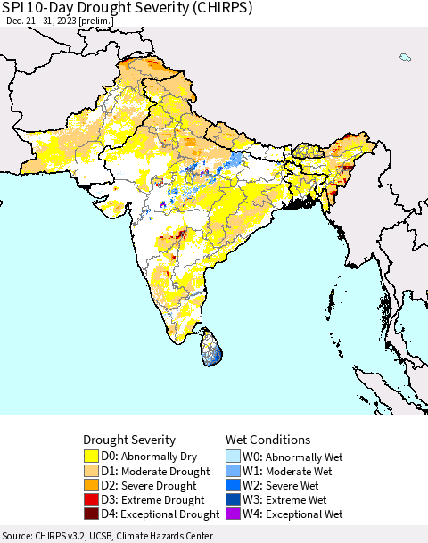 Southern Asia SPI 10-Day Drought Severity (CHIRPS) Thematic Map For 12/21/2023 - 12/31/2023