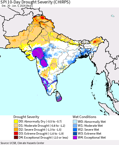 Southern Asia SPI 10-Day Drought Severity (CHIRPS) Thematic Map For 12/26/2023 - 1/5/2024