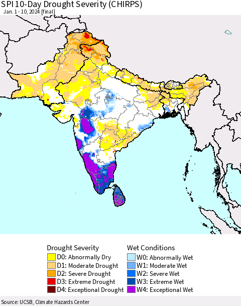 Southern Asia SPI 10-Day Drought Severity (CHIRPS) Thematic Map For 1/1/2024 - 1/10/2024
