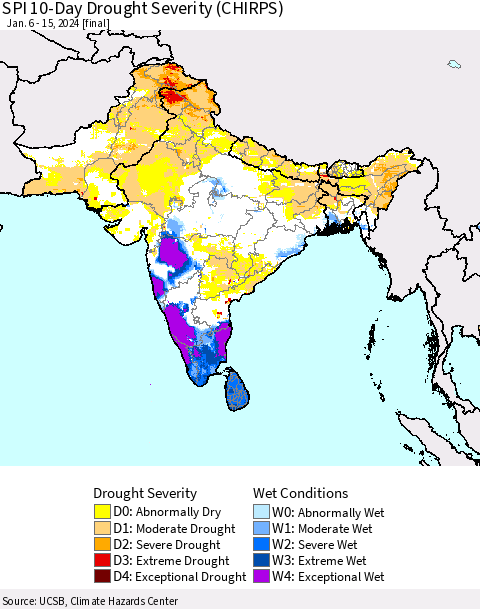 Southern Asia SPI 10-Day Drought Severity (CHIRPS) Thematic Map For 1/6/2024 - 1/15/2024
