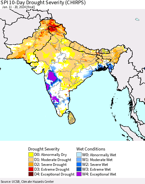 Southern Asia SPI 10-Day Drought Severity (CHIRPS) Thematic Map For 1/11/2024 - 1/20/2024