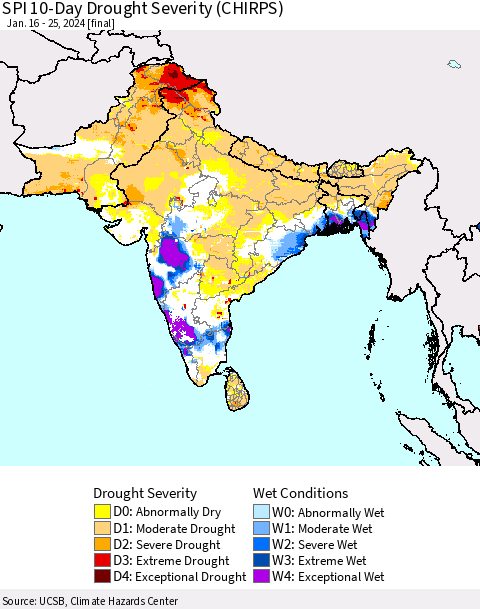 Southern Asia SPI 10-Day Drought Severity (CHIRPS) Thematic Map For 1/16/2024 - 1/25/2024