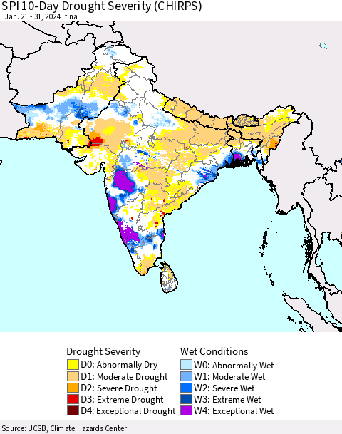 Southern Asia SPI 10-Day Drought Severity (CHIRPS) Thematic Map For 1/21/2024 - 1/31/2024