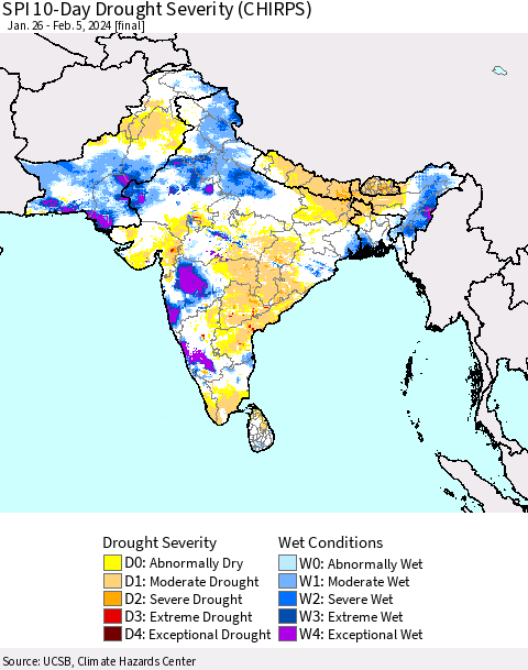 Southern Asia SPI 10-Day Drought Severity (CHIRPS) Thematic Map For 1/26/2024 - 2/5/2024