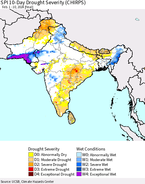 Southern Asia SPI 10-Day Drought Severity (CHIRPS) Thematic Map For 2/1/2024 - 2/10/2024