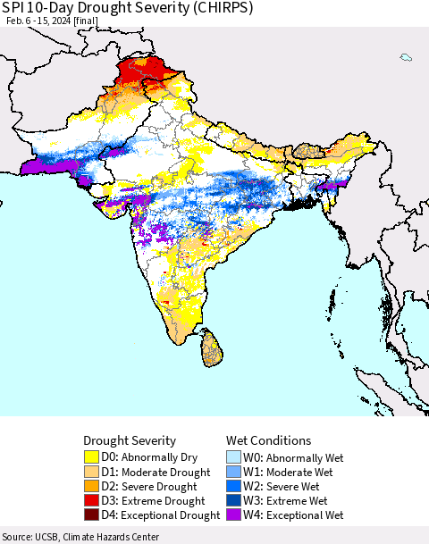 Southern Asia SPI 10-Day Drought Severity (CHIRPS) Thematic Map For 2/6/2024 - 2/15/2024