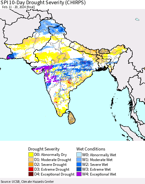 Southern Asia SPI 10-Day Drought Severity (CHIRPS) Thematic Map For 2/11/2024 - 2/20/2024