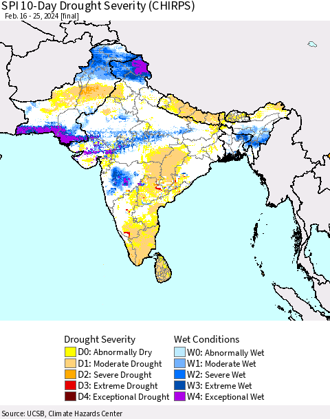 Southern Asia SPI 10-Day Drought Severity (CHIRPS) Thematic Map For 2/16/2024 - 2/25/2024