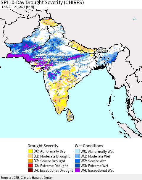Southern Asia SPI 10-Day Drought Severity (CHIRPS) Thematic Map For 2/21/2024 - 2/29/2024