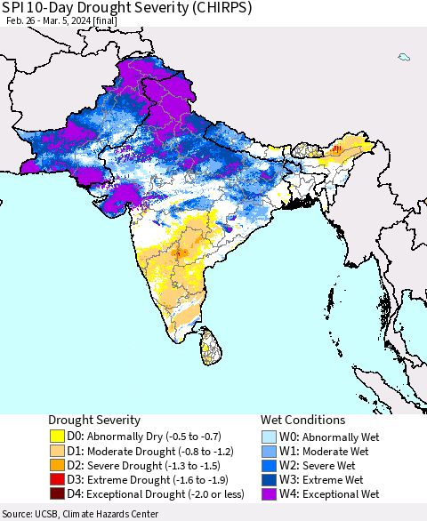 Southern Asia SPI 10-Day Drought Severity (CHIRPS) Thematic Map For 2/26/2024 - 3/5/2024