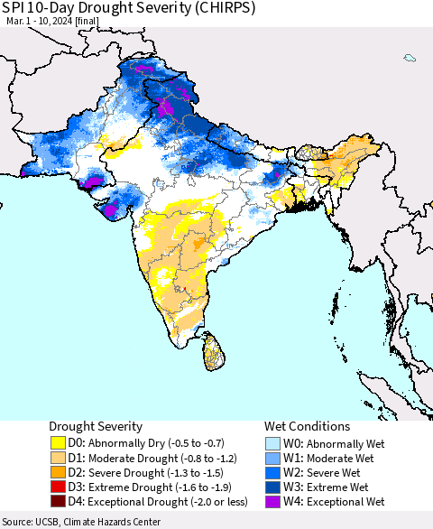 Southern Asia SPI 10-Day Drought Severity (CHIRPS) Thematic Map For 3/1/2024 - 3/10/2024