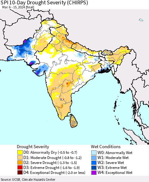 Southern Asia SPI 10-Day Drought Severity (CHIRPS) Thematic Map For 3/6/2024 - 3/15/2024