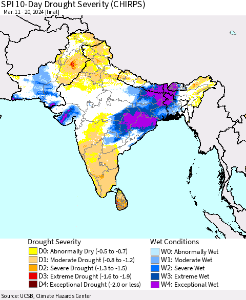Southern Asia SPI 10-Day Drought Severity (CHIRPS) Thematic Map For 3/11/2024 - 3/20/2024