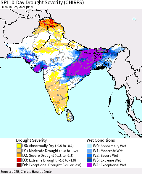 Southern Asia SPI 10-Day Drought Severity (CHIRPS) Thematic Map For 3/16/2024 - 3/25/2024