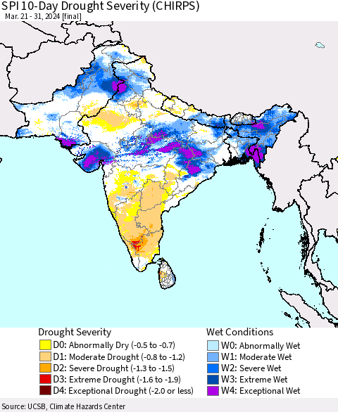 Southern Asia SPI 10-Day Drought Severity (CHIRPS) Thematic Map For 3/21/2024 - 3/31/2024