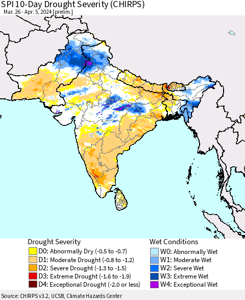 Southern Asia SPI 10-Day Drought Severity (CHIRPS) Thematic Map For 3/26/2024 - 4/5/2024