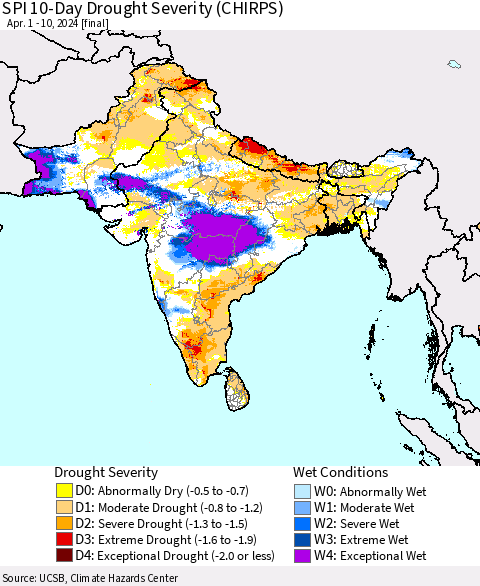 Southern Asia SPI 10-Day Drought Severity (CHIRPS) Thematic Map For 4/1/2024 - 4/10/2024
