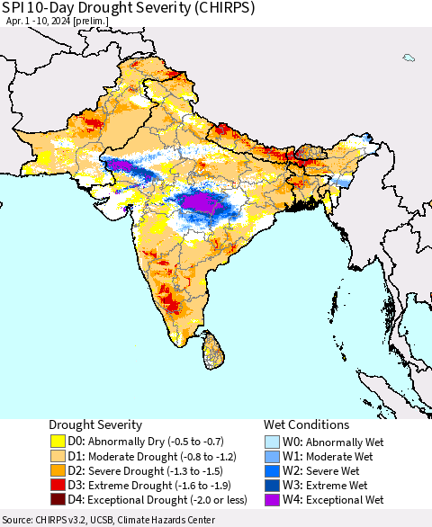 Southern Asia SPI 10-Day Drought Severity (CHIRPS) Thematic Map For 4/1/2024 - 4/10/2024