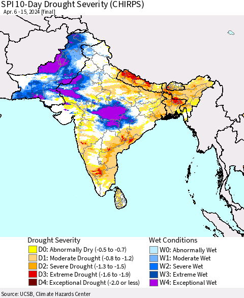 Southern Asia SPI 10-Day Drought Severity (CHIRPS) Thematic Map For 4/6/2024 - 4/15/2024