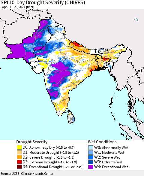 Southern Asia SPI 10-Day Drought Severity (CHIRPS) Thematic Map For 4/11/2024 - 4/20/2024