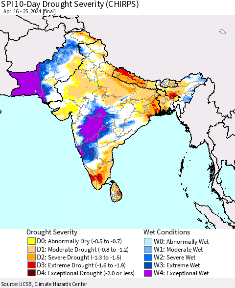 Southern Asia SPI 10-Day Drought Severity (CHIRPS) Thematic Map For 4/16/2024 - 4/25/2024