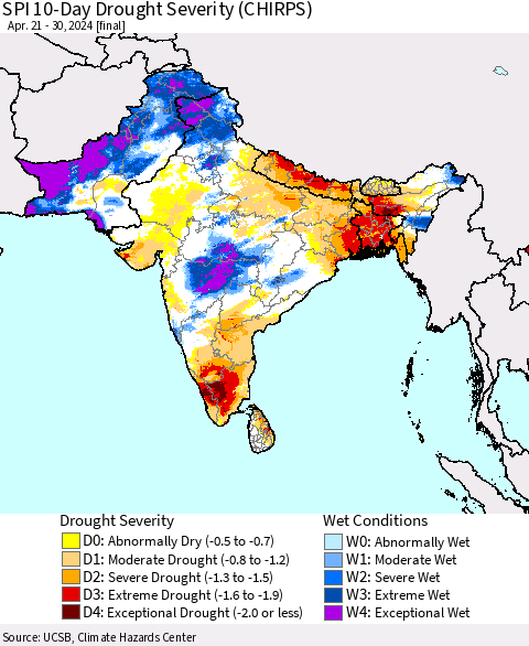 Southern Asia SPI 10-Day Drought Severity (CHIRPS) Thematic Map For 4/21/2024 - 4/30/2024