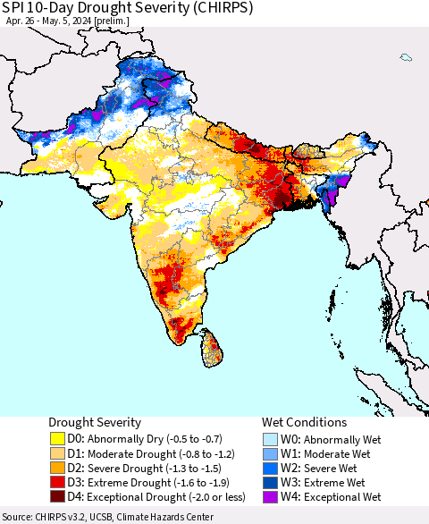 Southern Asia SPI 10-Day Drought Severity (CHIRPS) Thematic Map For 4/26/2024 - 5/5/2024