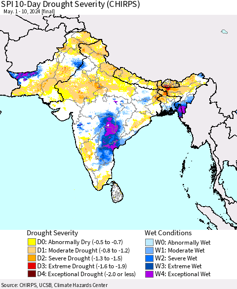 Southern Asia SPI 10-Day Drought Severity (CHIRPS) Thematic Map For 5/1/2024 - 5/10/2024