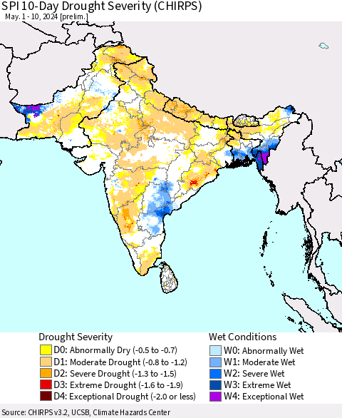 Southern Asia SPI 10-Day Drought Severity (CHIRPS) Thematic Map For 5/1/2024 - 5/10/2024