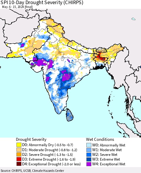 Southern Asia SPI 10-Day Drought Severity (CHIRPS) Thematic Map For 5/6/2024 - 5/15/2024