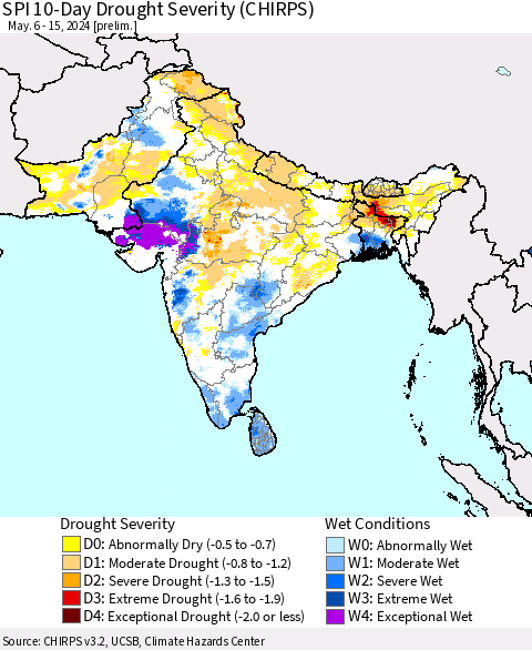 Southern Asia SPI 10-Day Drought Severity (CHIRPS) Thematic Map For 5/6/2024 - 5/15/2024