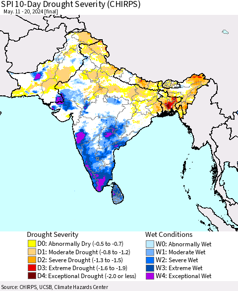 Southern Asia SPI 10-Day Drought Severity (CHIRPS) Thematic Map For 5/11/2024 - 5/20/2024