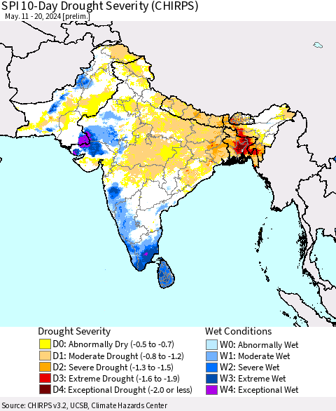 Southern Asia SPI 10-Day Drought Severity (CHIRPS) Thematic Map For 5/11/2024 - 5/20/2024