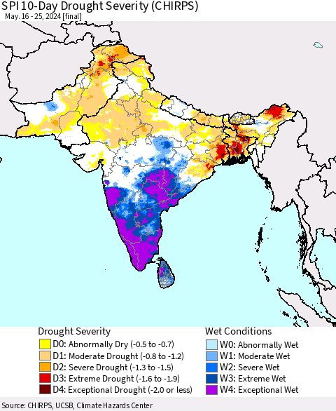 Southern Asia SPI 10-Day Drought Severity (CHIRPS) Thematic Map For 5/16/2024 - 5/25/2024