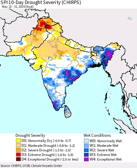 Southern Asia SPI 10-Day Drought Severity (CHIRPS) Thematic Map For 5/21/2024 - 5/31/2024