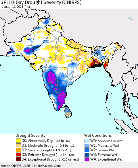 Southern Asia SPI 10-Day Drought Severity (CHIRPS) Thematic Map For 6/1/2024 - 6/10/2024