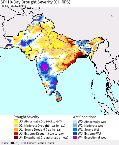 Southern Asia SPI 10-Day Drought Severity (CHIRPS) Thematic Map For 6/6/2024 - 6/15/2024
