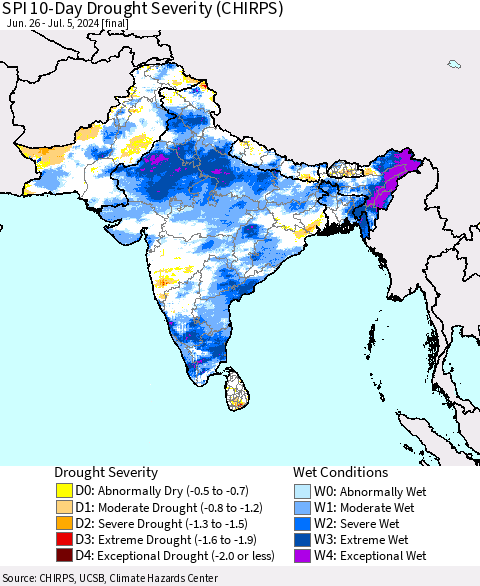 Southern Asia SPI 10-Day Drought Severity (CHIRPS) Thematic Map For 6/26/2024 - 7/5/2024