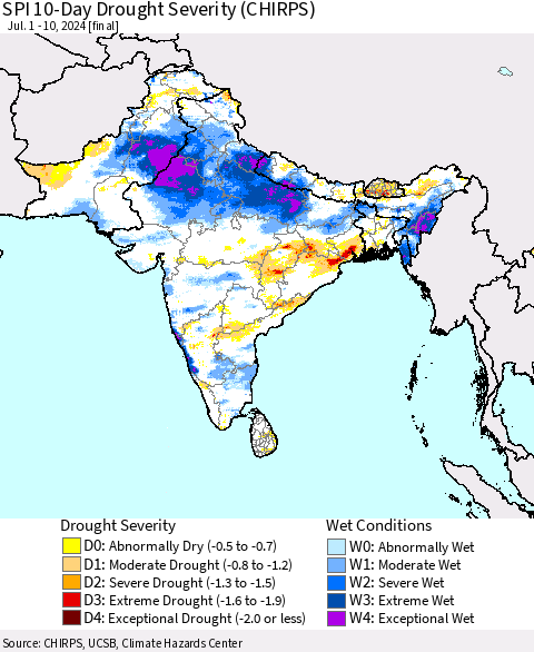 Southern Asia SPI 10-Day Drought Severity (CHIRPS) Thematic Map For 7/1/2024 - 7/10/2024