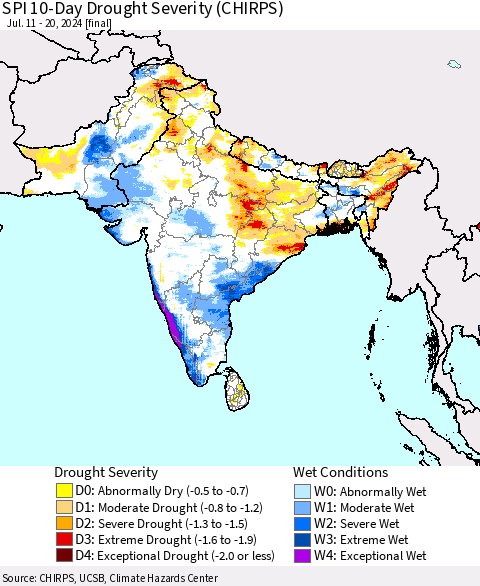 Southern Asia SPI 10-Day Drought Severity (CHIRPS) Thematic Map For 7/11/2024 - 7/20/2024